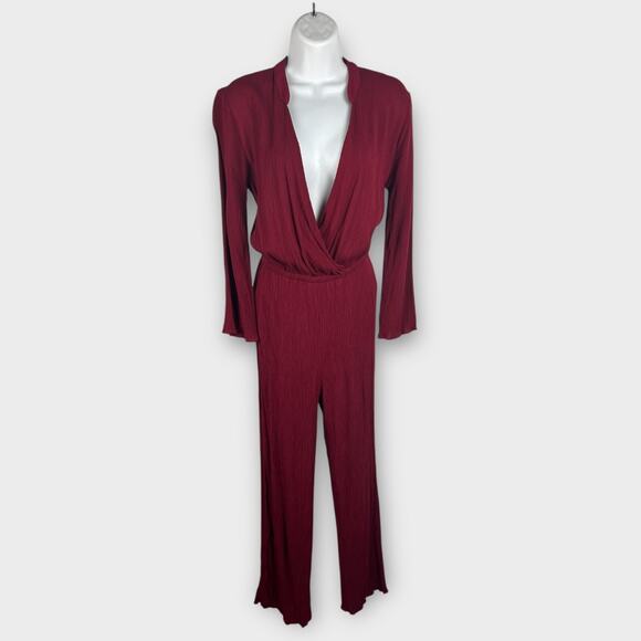 Womens Small Red Burgundy Surplice Long Sleeve Crepe Jumpsuit Preppy Career - Picture 1 of 7